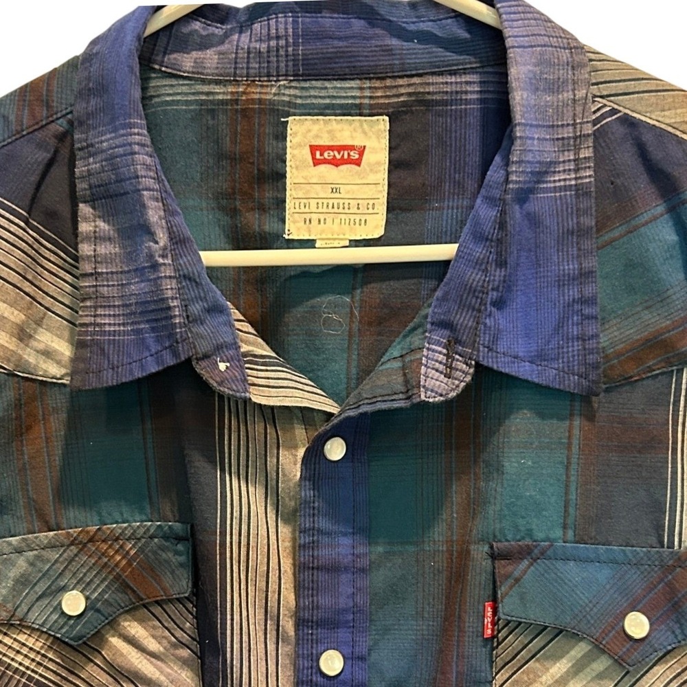 Levi's Western Shirt XL Mens Blue Plaid Pearl Snap Long Sleeve Mixed Pattern